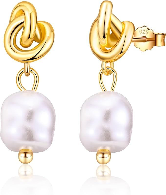 Pearl Sterling Sliver Drop Earrings for Women Girls, Irregular Freshwater Pearl Stud Earrings, Hy... | Amazon (UK)
