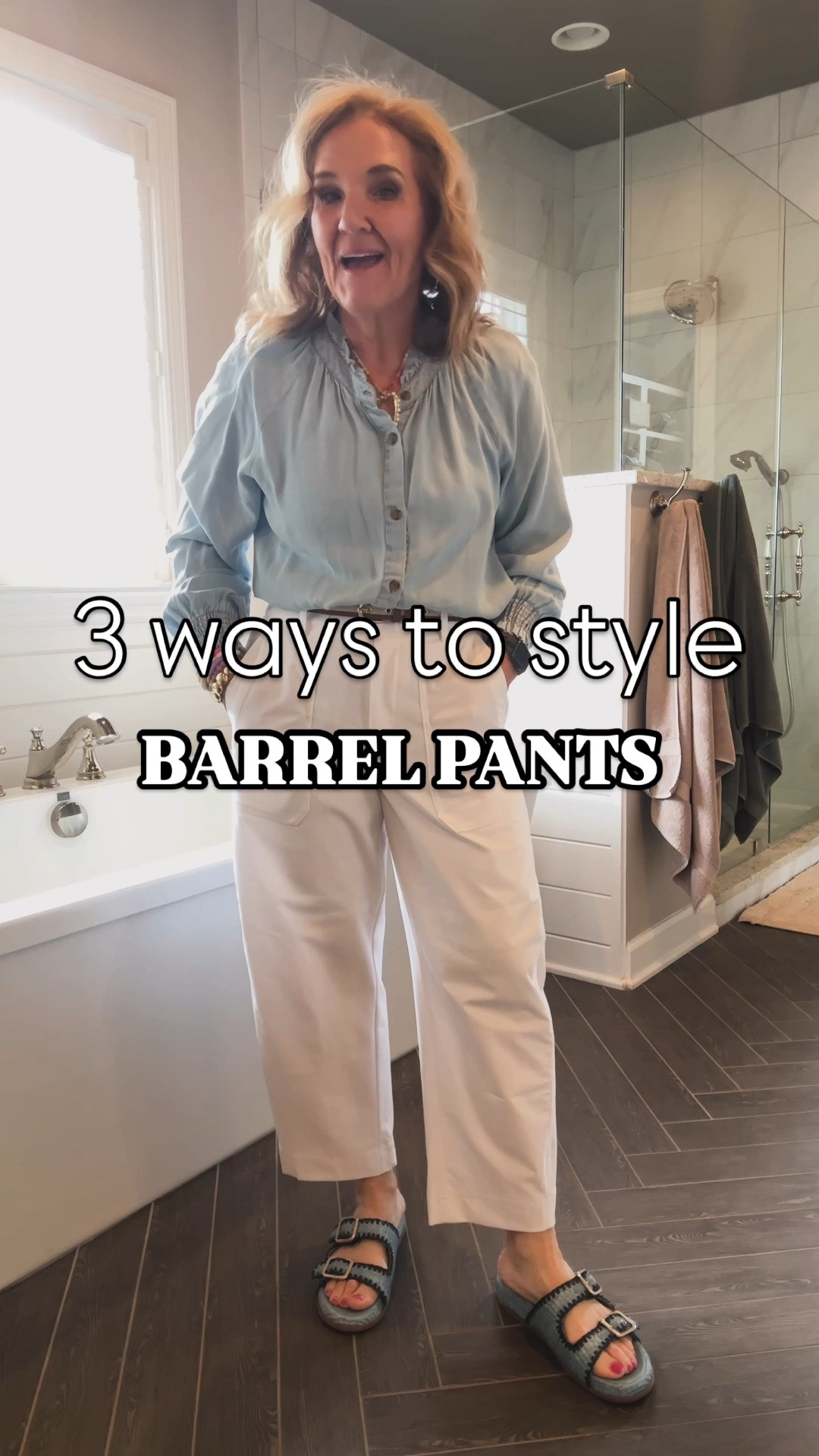 Barrel pants from athleta. They come in 4 colors. They’re lightweight, nice stretch. Woukd be great instead of shorts. Excellent for travel too. 

30% off friends and family going on at athleta! 

Pants size 8 petite 
Linking similar chambray blouses mine is very limited in sizing now
Plaid blazer size 10 petite 
Spanx 1/2 zip size large 


Travel outfit athleta sale how to style barrel jeans barrel pants white pants 

#LTKSaleAlert #LTKWatchNow #LTKOver40