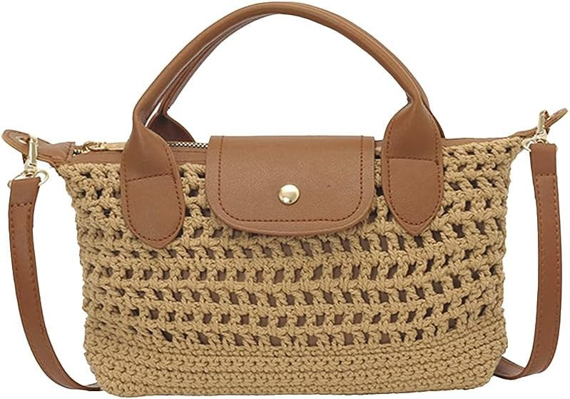Mini Crochet Crossbody Bags for Women Summer Beach Handbag Woven Tote Purse with Leather Top Hand... | Amazon (US)