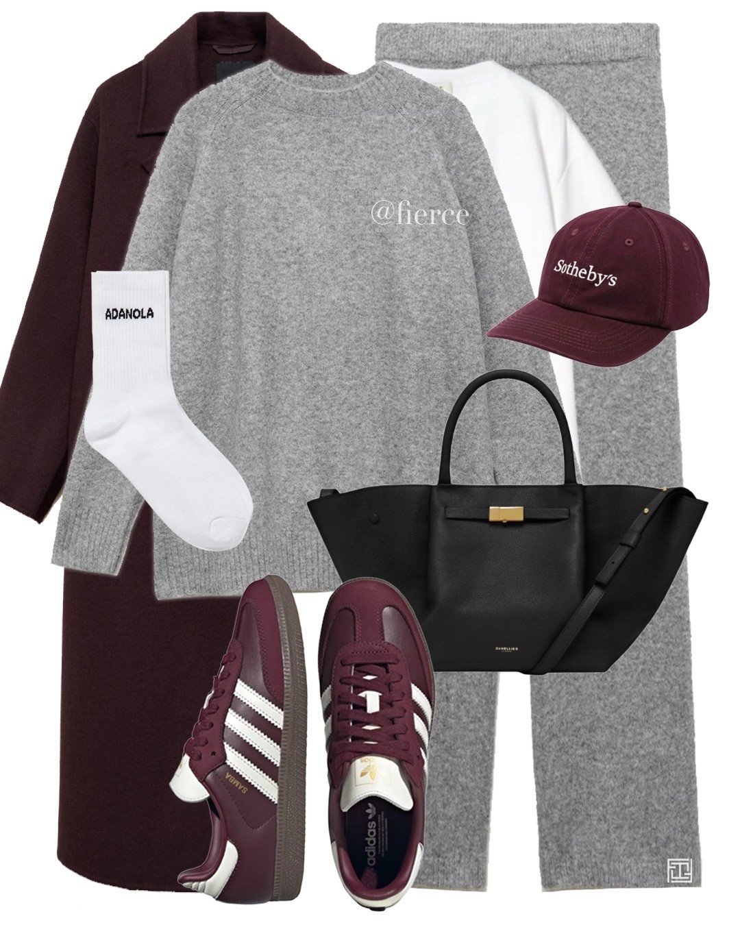 Grey knitted lounge set grey jumper knitted trousers burgundy adidas samba burgundy wool coat burgundy cap black tote leather bag casual weekend look travel outfit coffee break school drop off 

#LTKautumn #LTKeurope #LTKuk