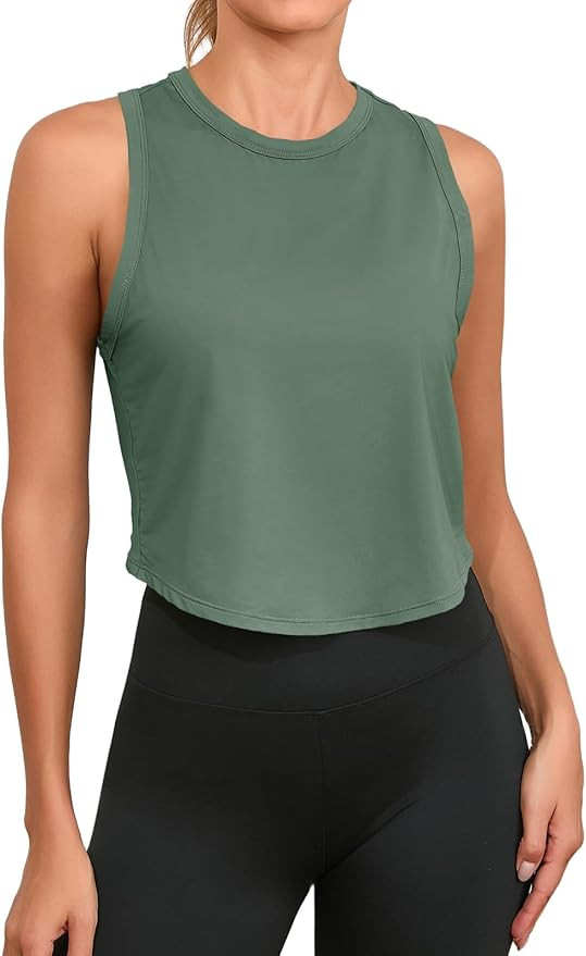 Fisoew Womens Workout Cropped Tank Tops Racerback Sleeveless Crewneck Running Yoga Active Shirts | Amazon (US)
