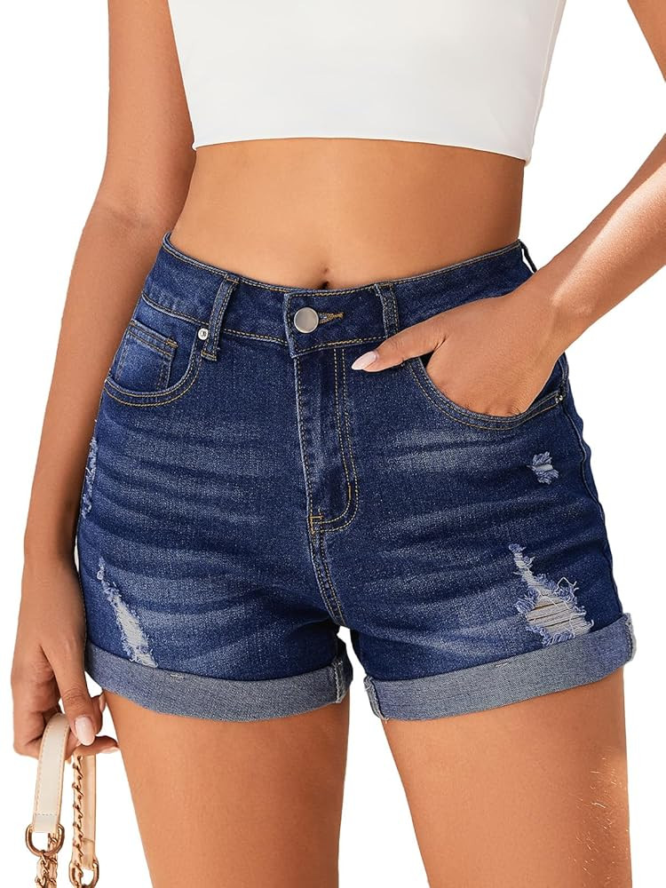 Women's Mid-High Rise Ripped Denim Shorts Stretchy Distressed Jean Shorts with Pockets Folded Hem... | Amazon (US)