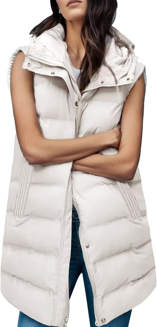 Gihuo Women's Long Puffer Vest Winter Quilted Hooded Sleeveless Zip Up Long Jacket Vest Gilet | Amazon (US)