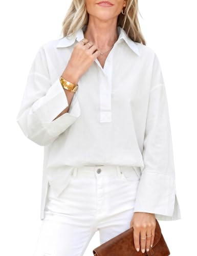 Watashi Women Button Down Shirt Striped Print Henley Shirts(PureWhite-S) | Amazon (US)