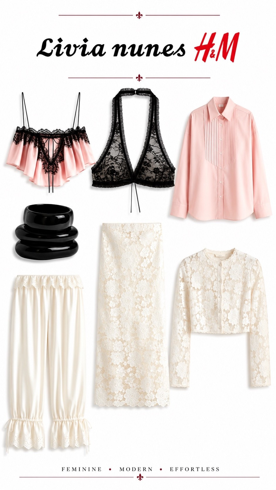 Soft textures, delicate lace, and timeless silhouettes. ✨ This Livia Nunes for H&M collection blends romantic details with modern elegance, creating effortlessly chic looks you’ll wear again and again. Which piece is your favorite? 🤍🖤🌸

#LTKSeasonal #LTKOver40 #LTKU