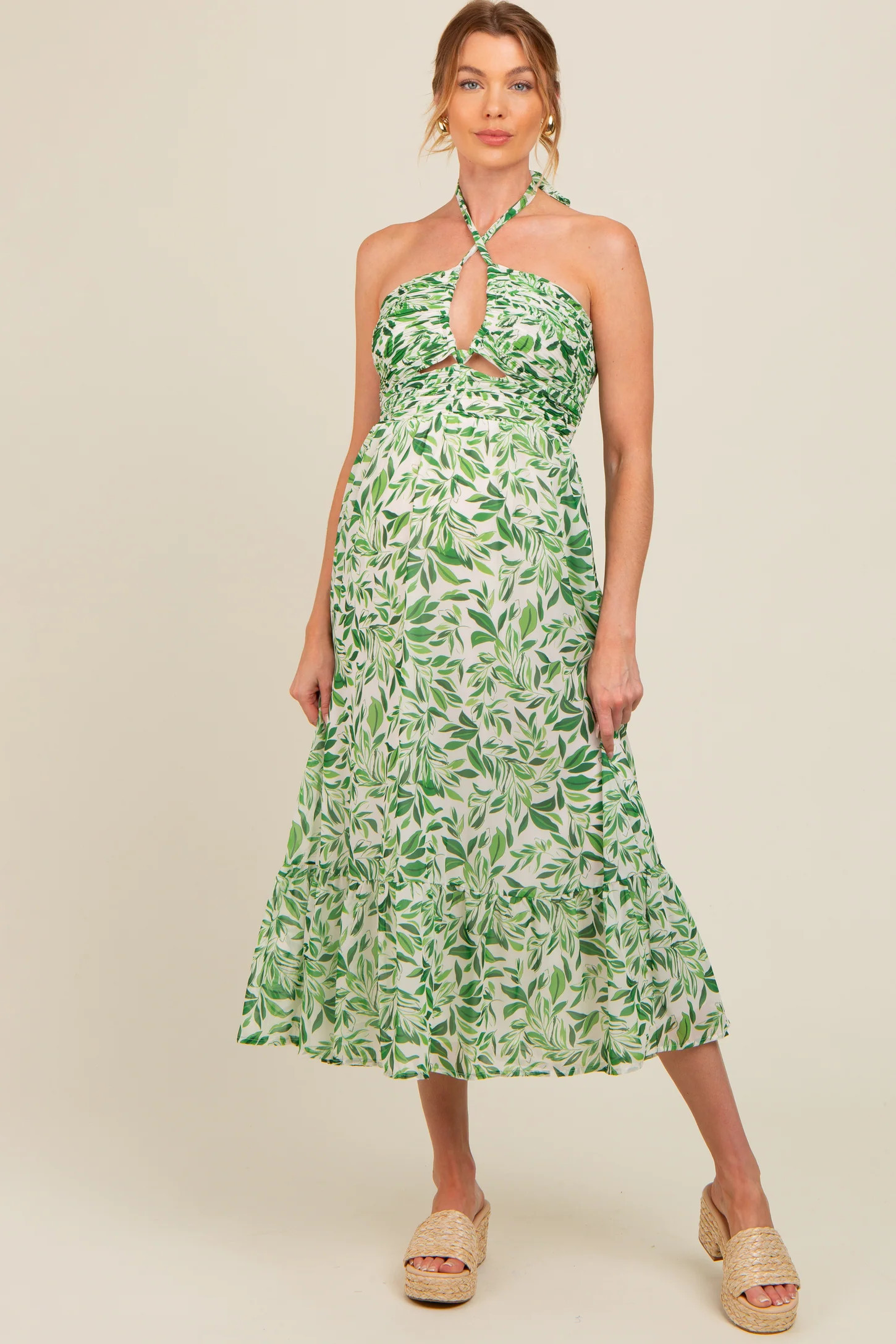 Green Leaf Print Halter Keyhole Maternity Midi Dress | PinkBlush Maternity