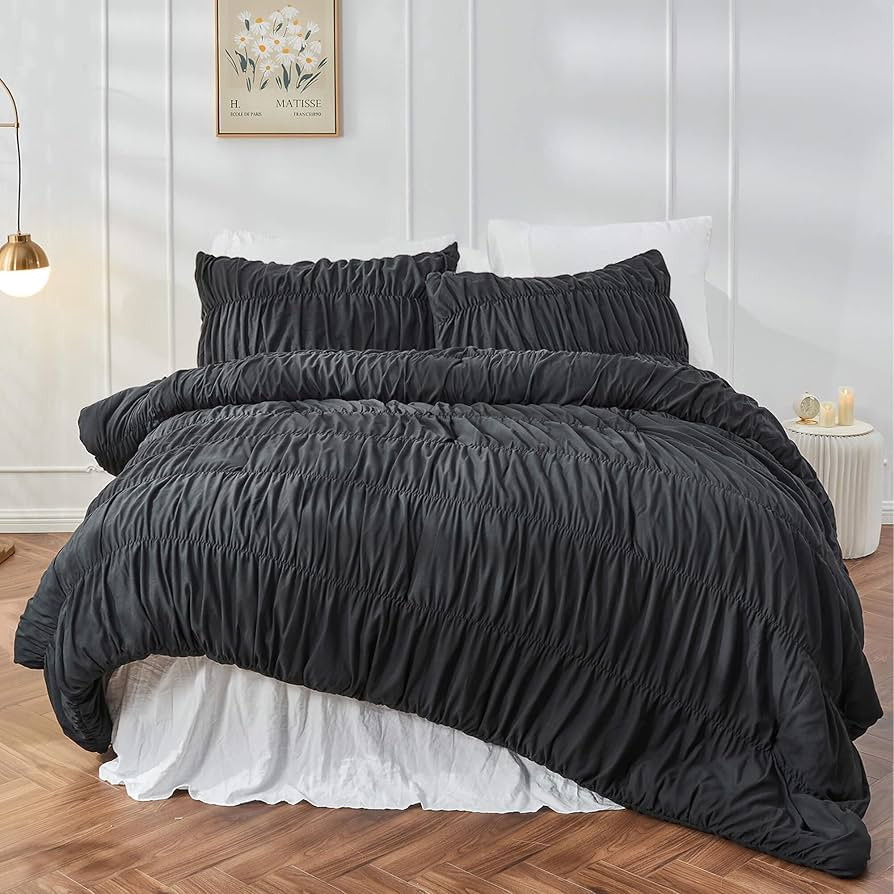 Queen Comforter Set Black Bedding - Ruched Comforter Queen Size Bed Set Boho Shabby Chic Bedding for Bedroom Comforter Fluffy 3 Piece Ruffle Comforter Set with Pillow White Bedding Soft | Amazon (US)
