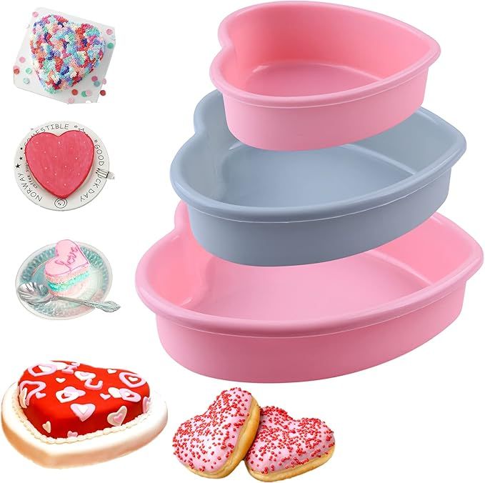 3 Pieces Heart Shaped Baking Pans，Heart Layered Cake Silicone Molds, Cake Pans for Baking, Non-... | Amazon (US)