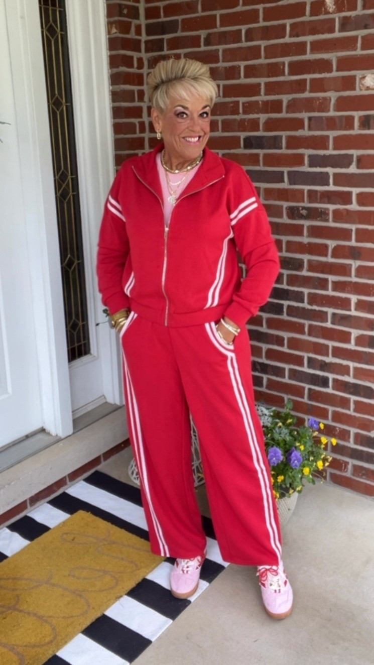 Red and White Track Set
Pale Pink Tshirt
Ruffled Socks
Pink and Red Sneakers
Sneaker Charms