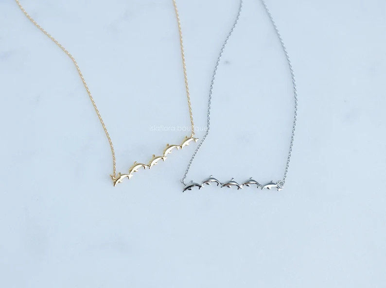 Skipping Dolphins Necklace, Dainty Tiny Dolphin Family Gold Plated, Silver Coastal Jewelry, Besti... | Etsy (US)
