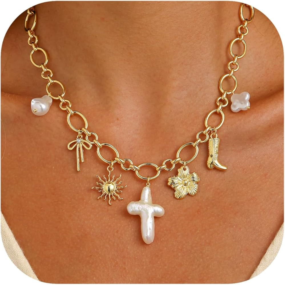 Chunky Charm Cross Pearl Necklace For Women Seashell Shell Starfish Beach Bow 14K Gold Plated Pen... | Amazon (US)