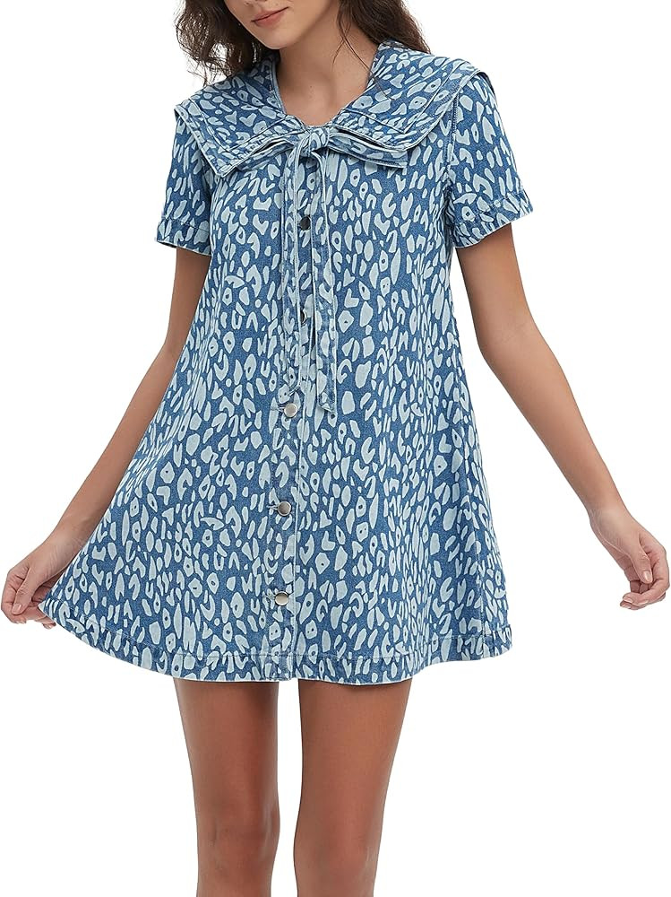 D-Sun Women's Denim Mini Dress Short Sleeves Leopard Print Denim Babydoll Dress Navy Collar A-Lin... | Amazon (US)