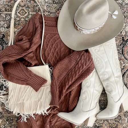 Fall outfit inspo-Western style sweater dress & boots. 