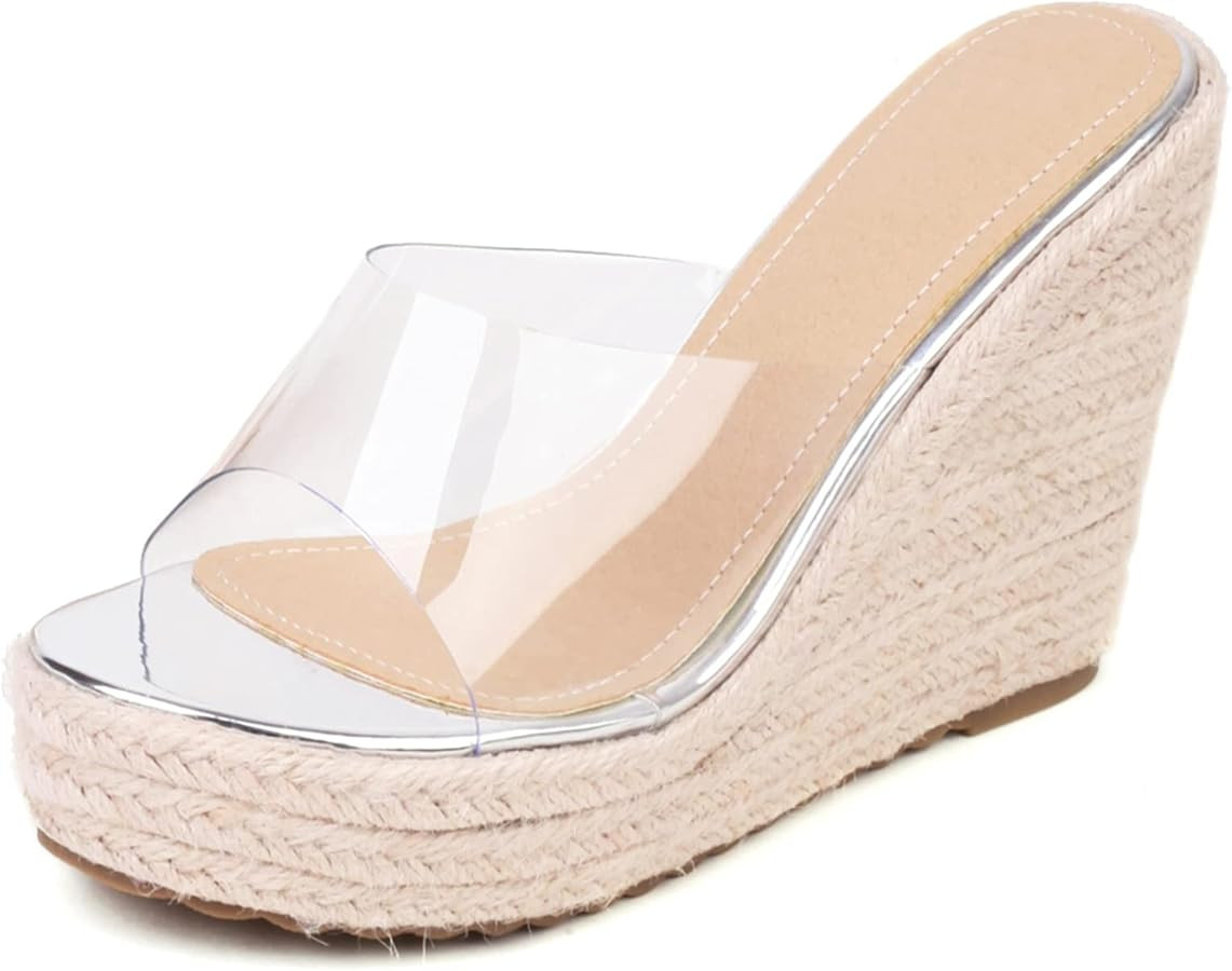 VARECOLA Slip On Espadrilles Wedge Platform Sandals For Women Clear Strap Slide Heeled Sandals Be... | Amazon (US)