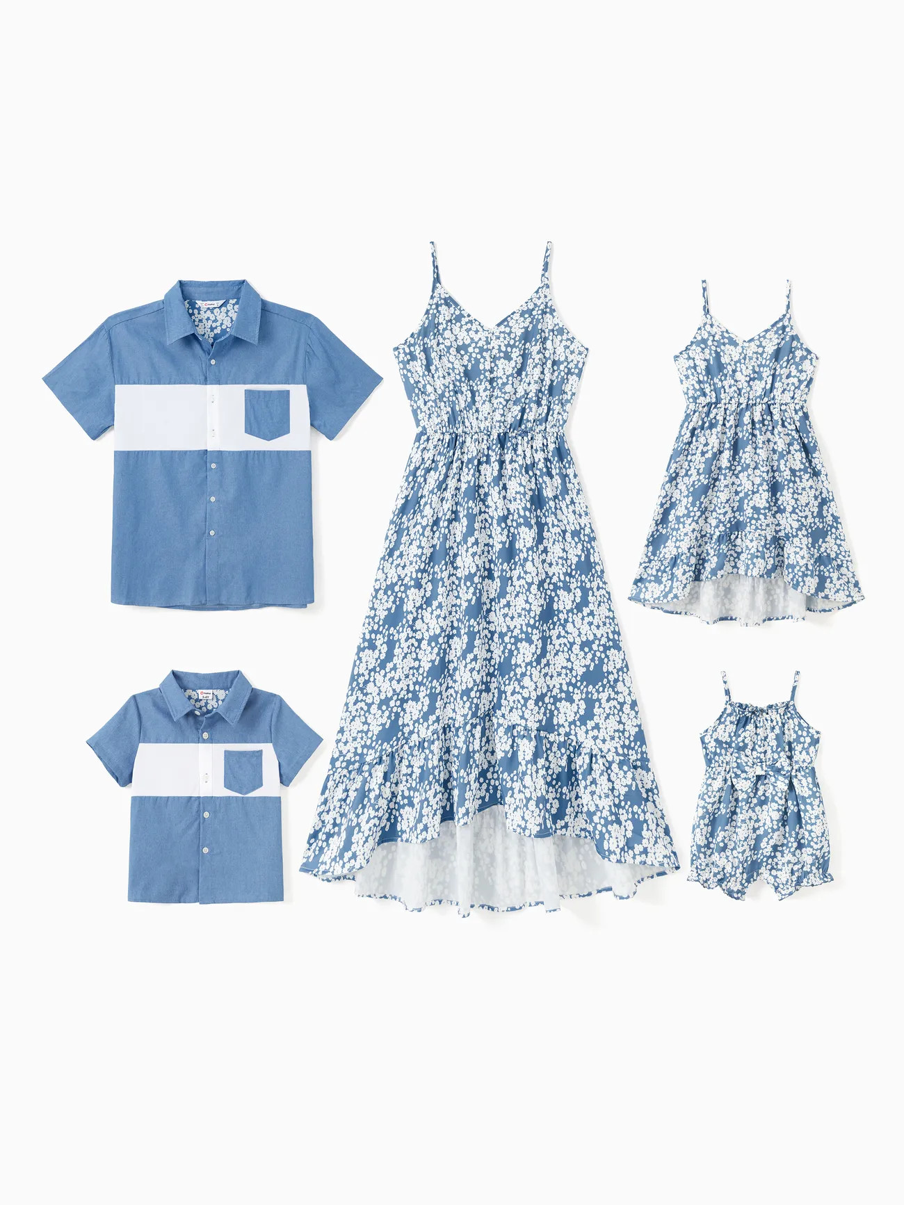 Family Matching Sets Blue Color Block Shirt or Button Up Ruffle Hem Floral Strap Dress | PatPat