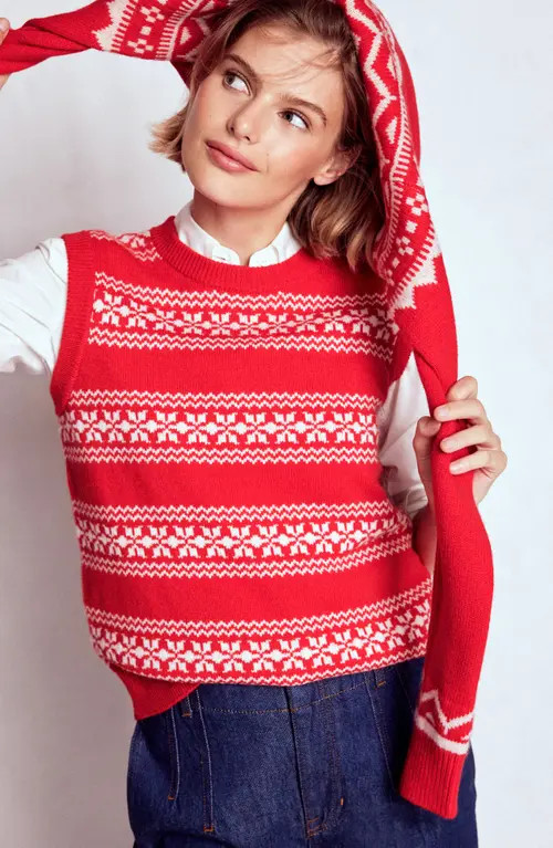 Boden Edie Fair Isle Sweater Vest in Poppy Red Warm Ivory at Nordstrom, Size Medium | Nordstrom