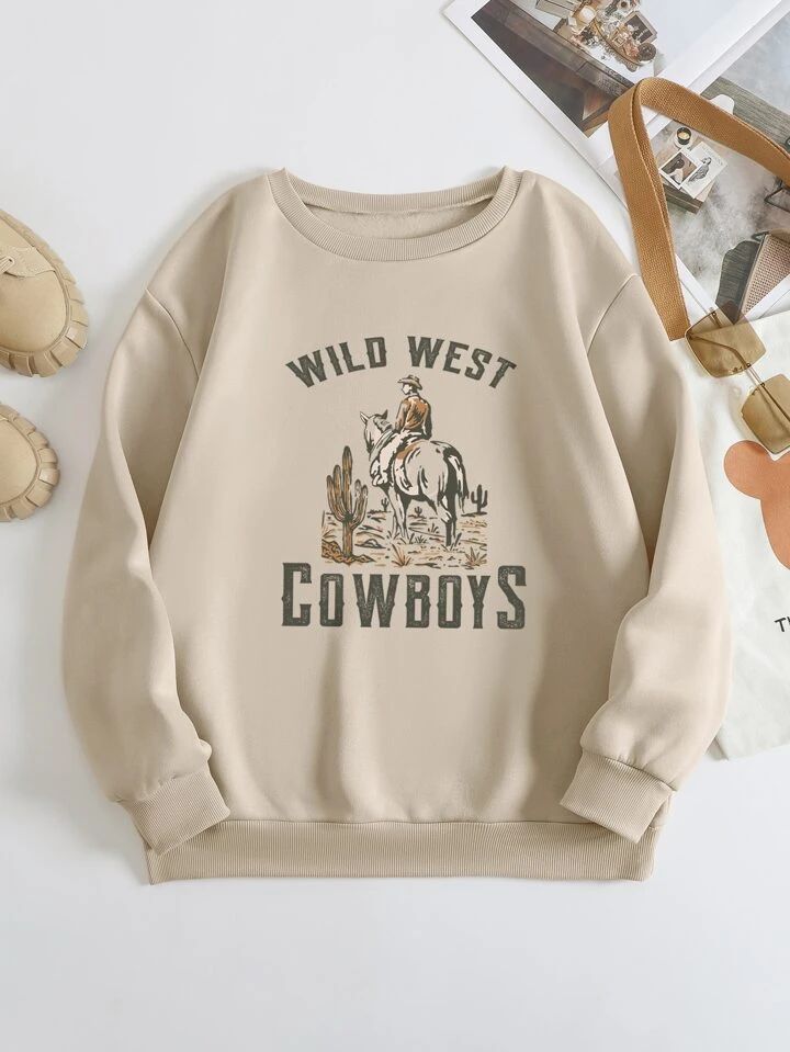 SHEIN EZwear Cowboy & Letter Print Thermal Pullover | SHEIN