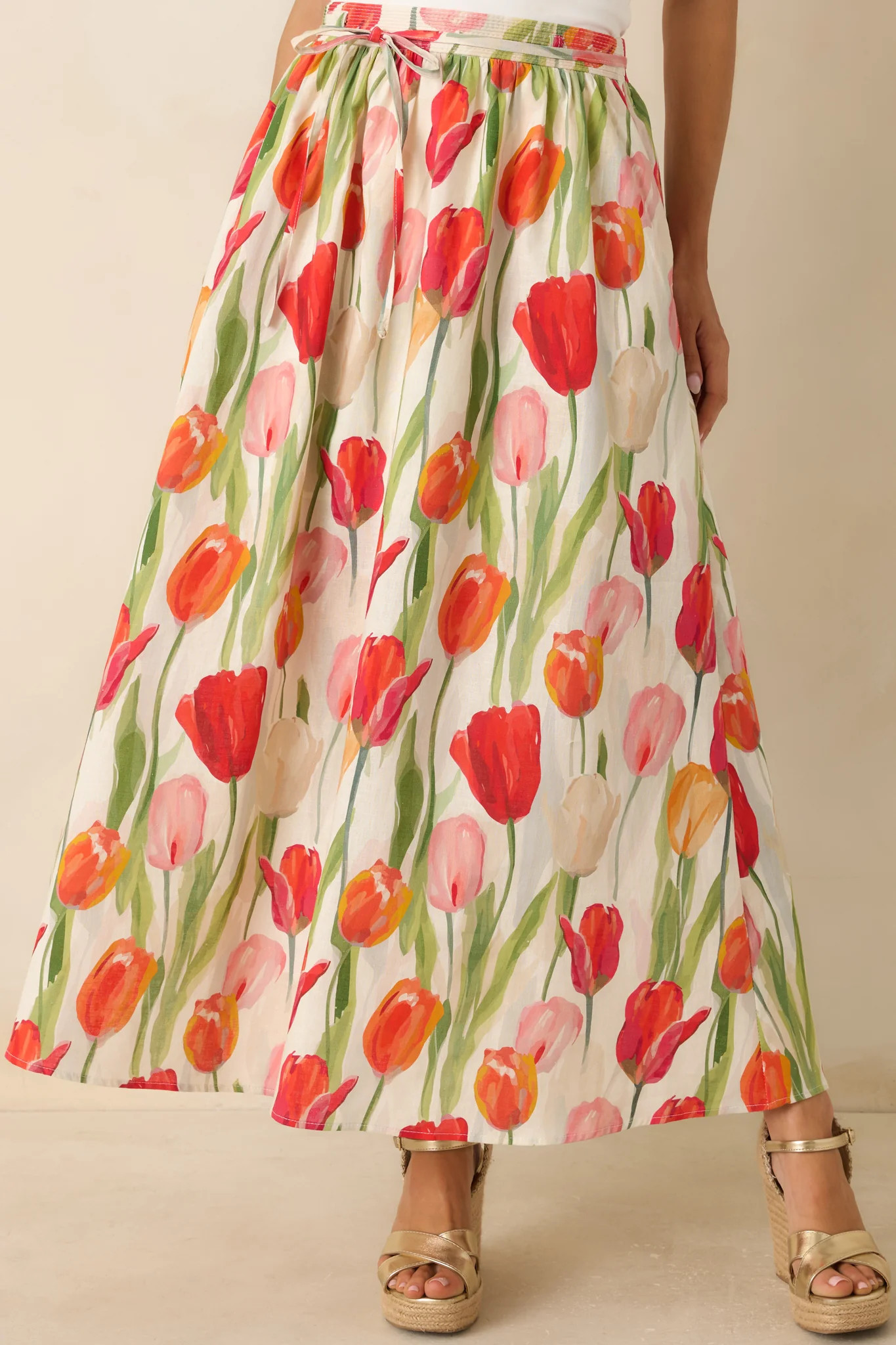 Garden District Ivory & Red Multi Linen Blend Floral Midi Skirt | Red Dress