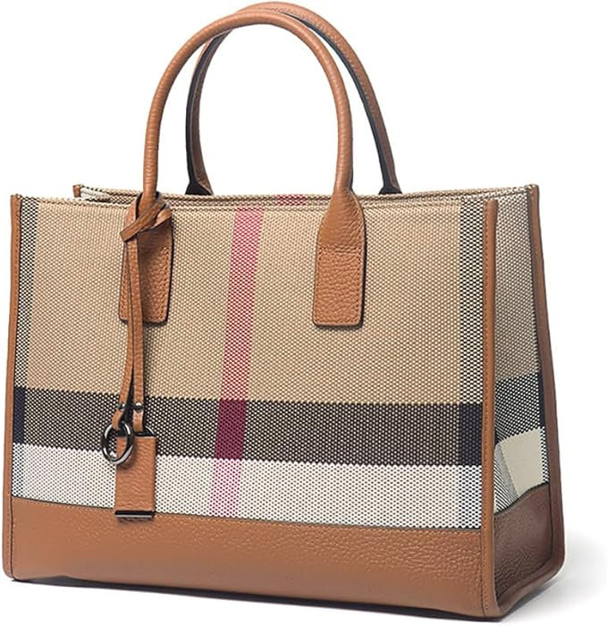 Women's genuine leather + canvas plaid handbag, top handle shoulder bag, large capacity tote bag | Amazon (US)