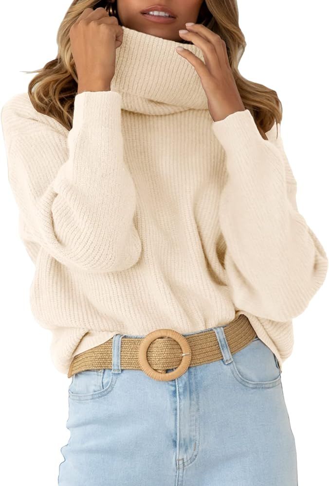 Womens Long Sleeve Turtleneck Knit Sweaters Drop Shoulder Pullover Sweater Oversized Winter Jumpe... | Amazon (US)