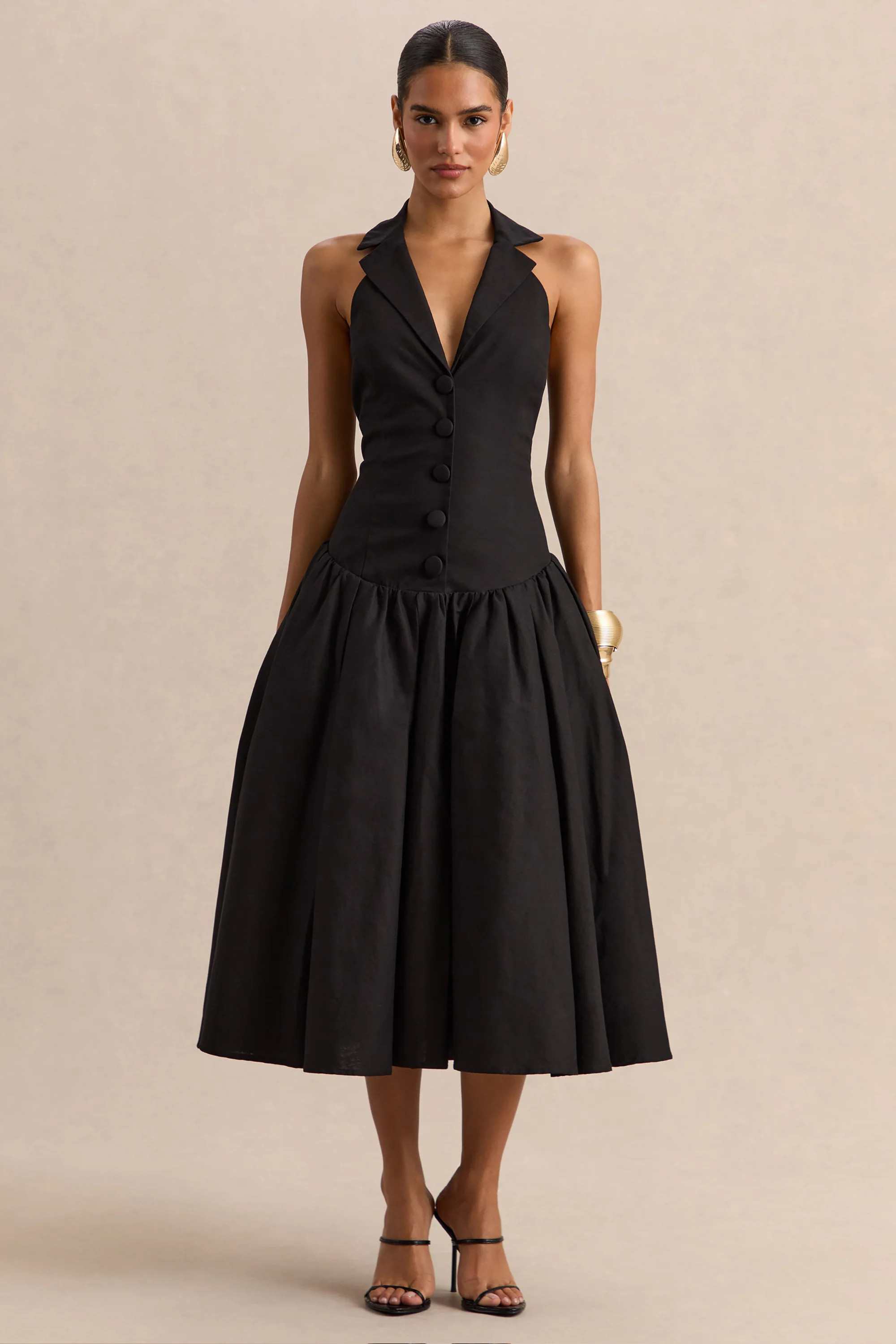 Ella | Black Plunge-Neck Midi Dress With Drop-Waist | Club L London