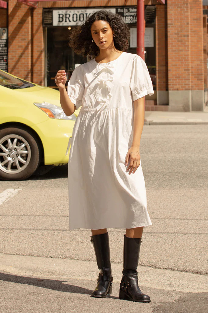 PUFF SLEEVE MIDI DRESS WITH BOWS | OAK + FORT