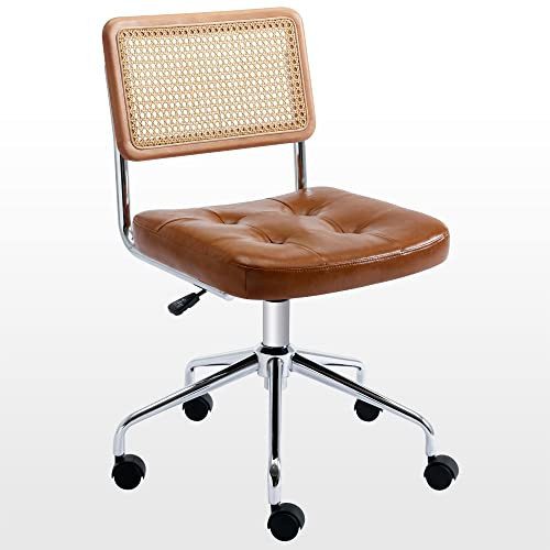 Zesthouse Mid Century Home Office Chair Leather Desk Chair with Rattan Back, Vanity Chair for Girls Women, Upholstered Swivel Chair, Adjustable Height Computer Task Chair | Amazon (US)