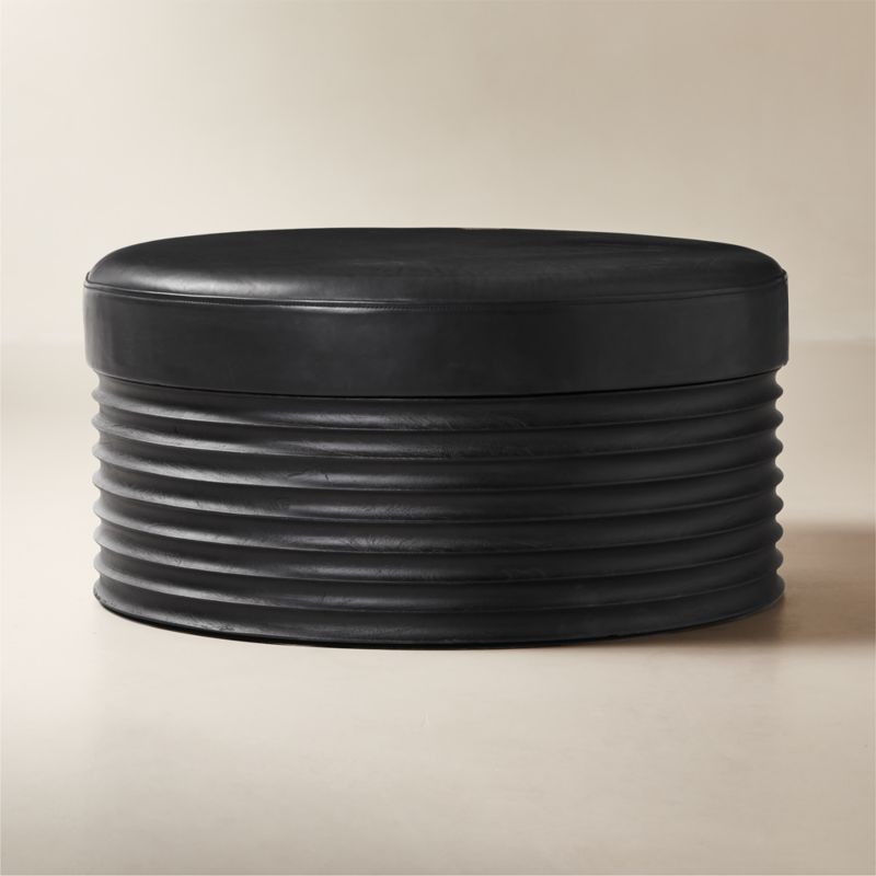 Mozambique Black Leather and Acacia Wood Ottoman | CB2 | CB2