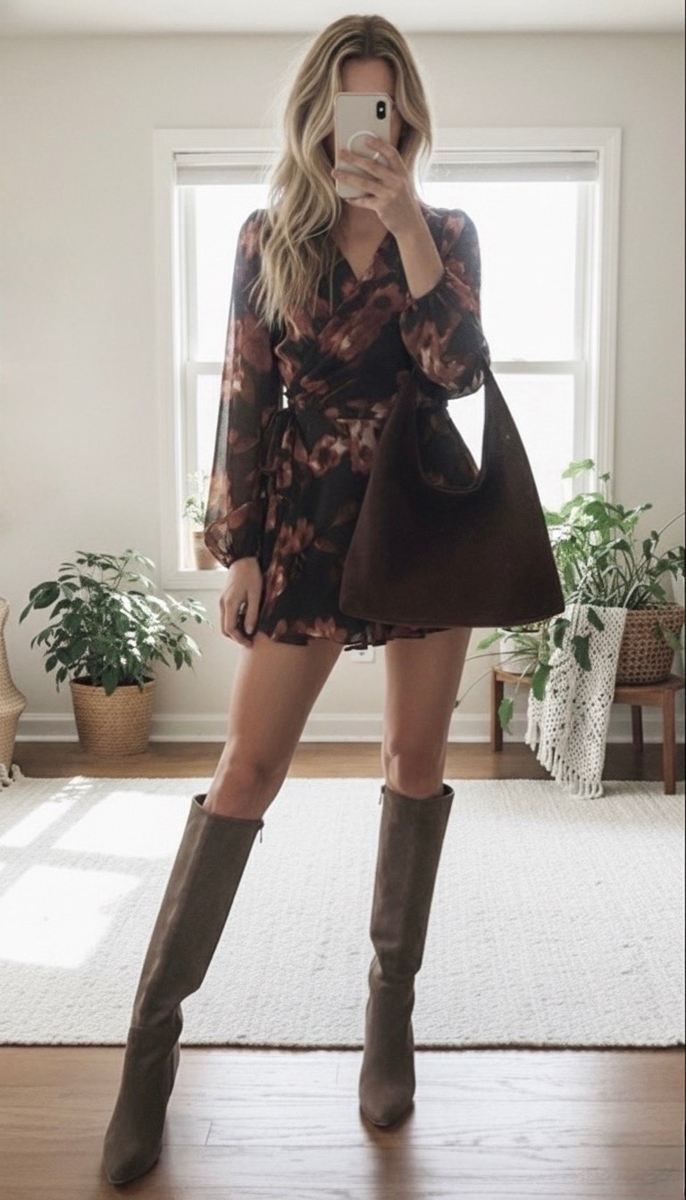 Step into the season with this gorgeous chocolate brown fall outfit! This floral wrap dress adds a feminine touch, while the knee-high boots and matching bag elevate the look for a chic autumn vibe. Perfect for brunch or a day out, this ensemble balances comfort and style effortlessly. #AbercrombieFinds #AmazonFinds #KneeHighBoots #FallOutfits #Thanksgiving

#LTKSeasonal #LTKStyleTip #LTKFindsUnder100