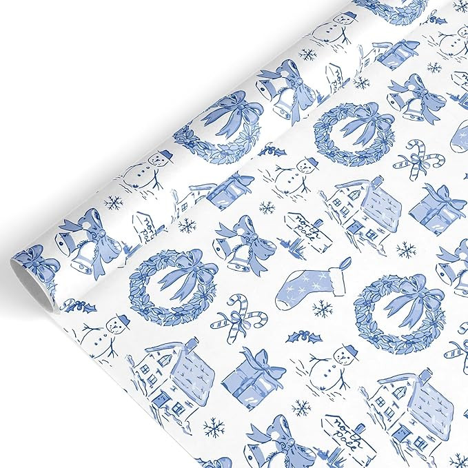 JarThenaAMCS Christmas Wrapping Paper -Mini Roll- 17 In x 32.8 Ft Blue White Xmas Cottage Snowman... | Amazon (US)