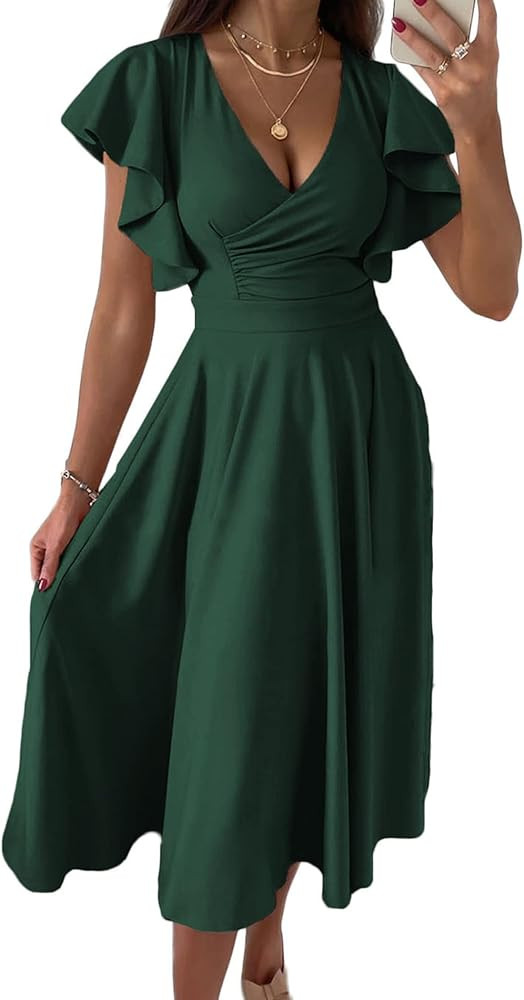 PRETTYGARDEN Women's 2024 Summer Midi Dress Ruffle Cap Sleeve V Neck Swing A Line Cocktail Party ... | Amazon (US)