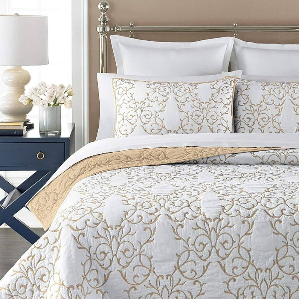 mixinni Quilt King Size Reversible Soft Cotton 3-Piece Beige Embroidery Pattern Elegant Quilt Set... | Amazon (US)