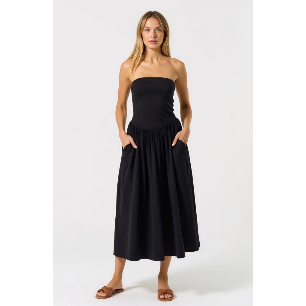 Modenaire Strapless Smocked Bodice Midi Dress with Flowy Skirt and Pockets in Black at Nordstrom, Size Small | Nordstrom