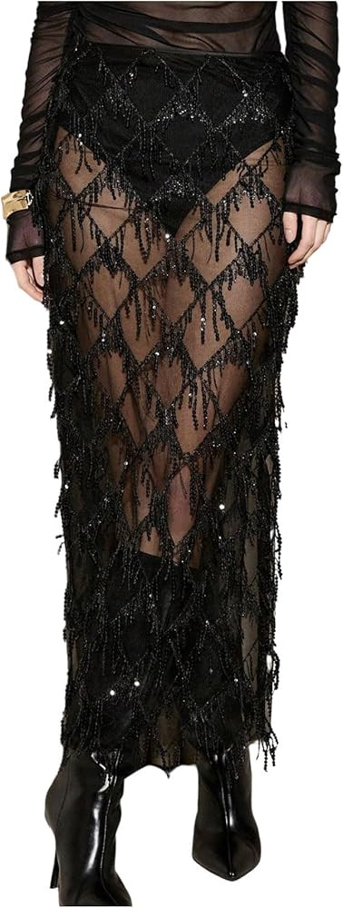 MakeMeChic Women's Sequin Midi Skirts Sheer Fringe Glitter Sparkly Party Club Cover Up Pencil Ski... | Amazon (US)