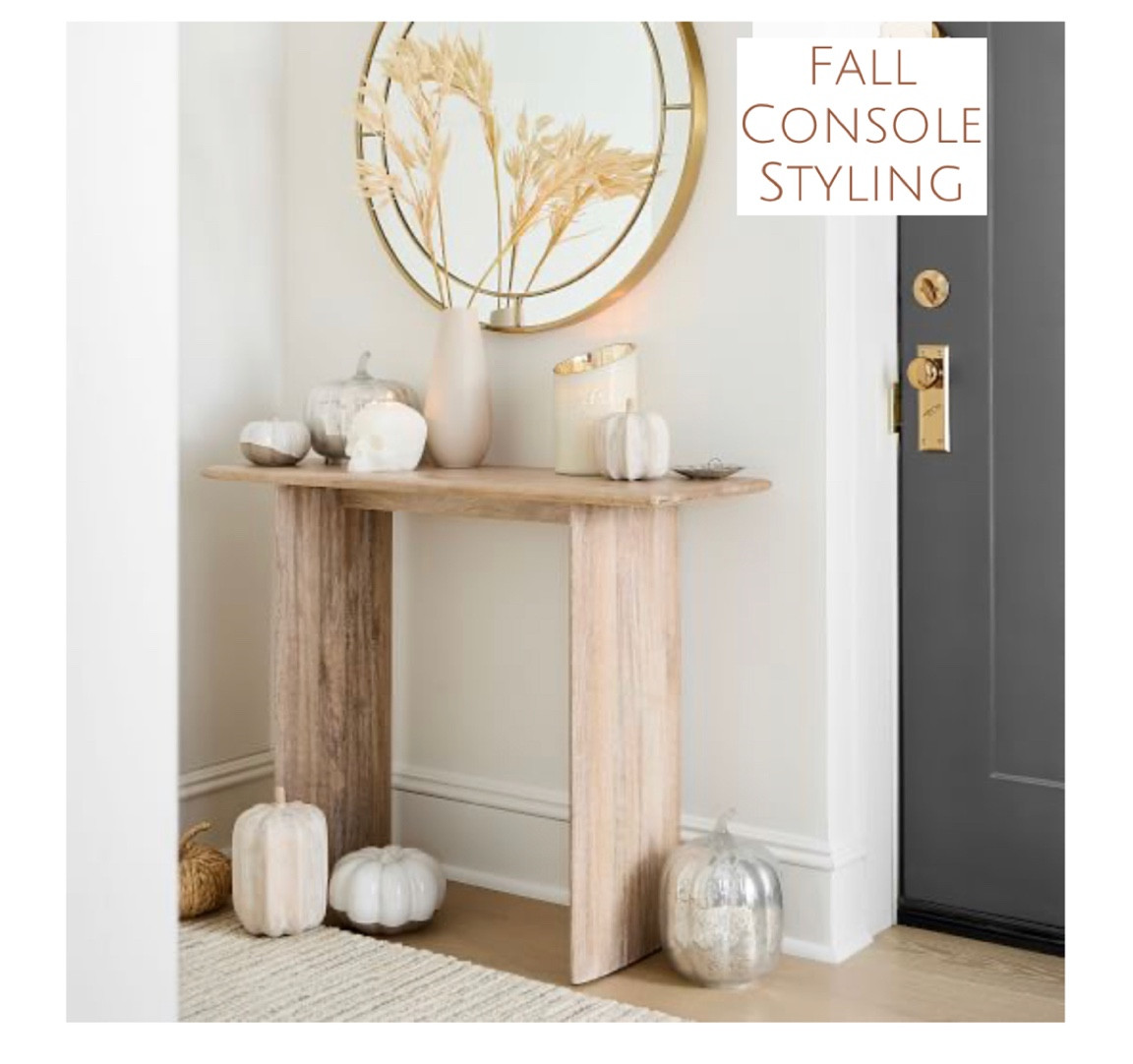 Fall Console Styling - inspiration by West Elm.  Home entryway, pumpkins, mirror, entry table, console table, entry console, candle, rug, fall decor

#LTKSeasonal #LTKunder50 #LTKhome