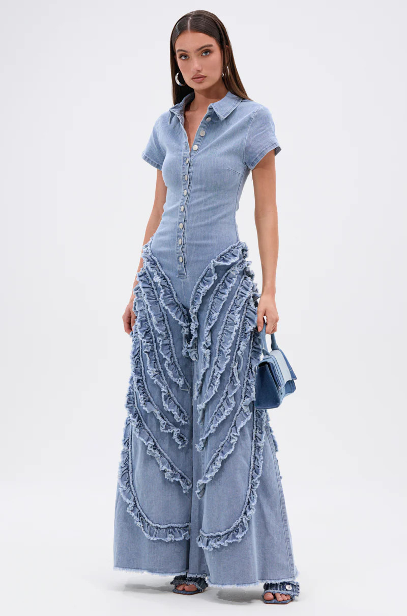 LEAVE IT RUFFLED JUMPSUIT IN DENIM | AKIRA