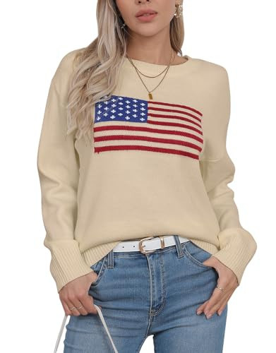 Drvitor Womens American Flag Sweater Long Sleeve Crew Neck Knitted Casual Pullover Sweater (Beige, Small) | Amazon (US)