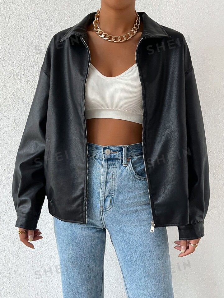 SHEIN EZwear Drop Shoulder Zip Up PU Cropped Leather Jacket | SHEIN