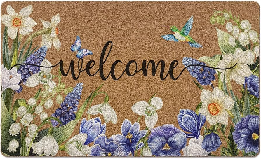Spring Floral Hummingbird Door Mat, Spring Butterfly Flower Welcome Front Door Mat Indoor Outdoor... | Amazon (US)