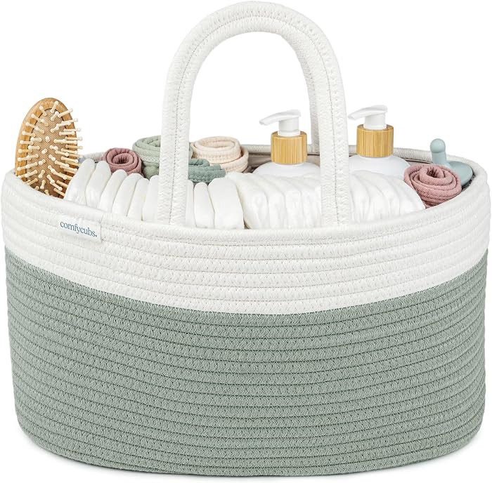 Comfy Cubs Rope Diaper Caddy Organizer - Large Baby Diaper Basket Sage | Amazon (US)