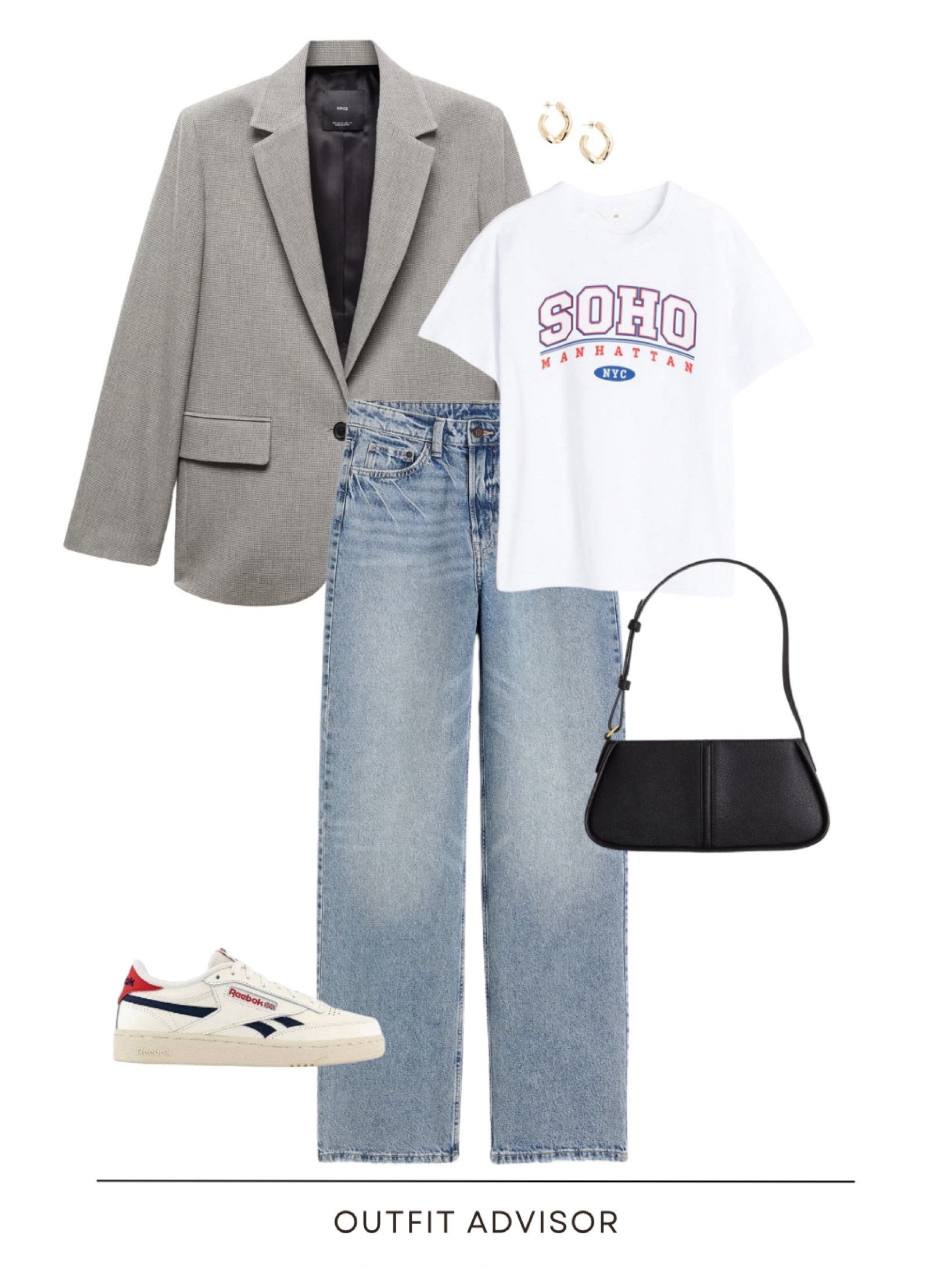 Casual spring outfit inspo: a mango blazer, graphic tee, jeans, rebook sneakers, gold earrings & and black bag.

#LTKstyletip #LTKitbag #LTKworkwear