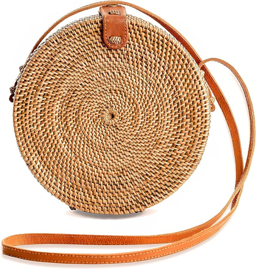 Handwoven Round Rattan Purse Crossbody – Straw Basket Wicker Bag for Women – Circle Summer Ha... | Amazon (US)