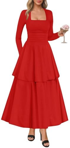 Lazysmile Women's Long Sleeve Fall Dresses Square Neck Ruched Waist Ruffle Hem Flowy Elegant Mode... | Amazon (US)