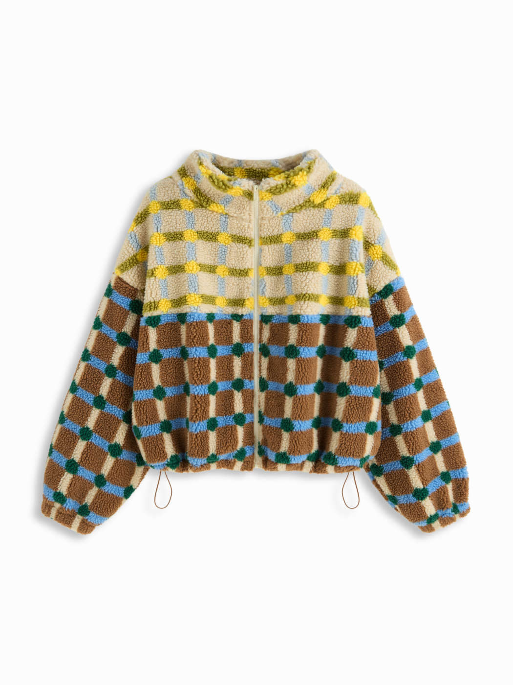 Fleece Fleece High Neck Two Tone Checks Drawstring Oversized Jacket Curve & Plus For Vacation | Cider