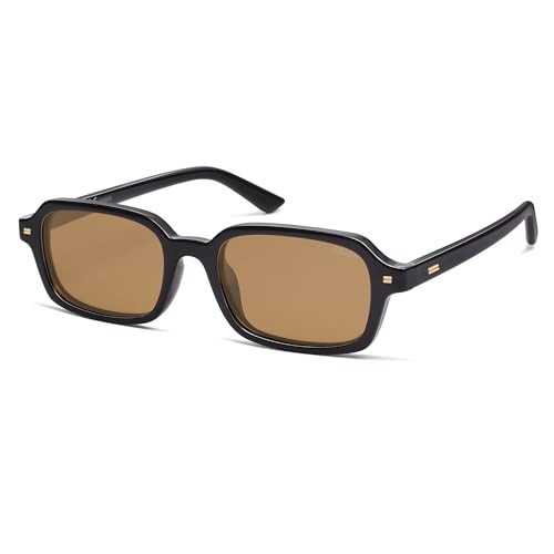 SOJOS Trendy Rectangle Polarized Sunglasses for Women Men, Retro Small Thin Slim Narrow Square Sunnies SJ2610, Shiny Black/Light Brown | Amazon (US)