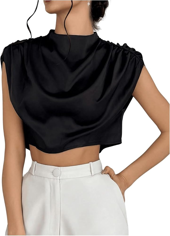 SweatyRocks Women's Satin Crop Tops Ruched Mock Neck Cap Sleeve Elegant Blouse Shirt | Amazon (US)