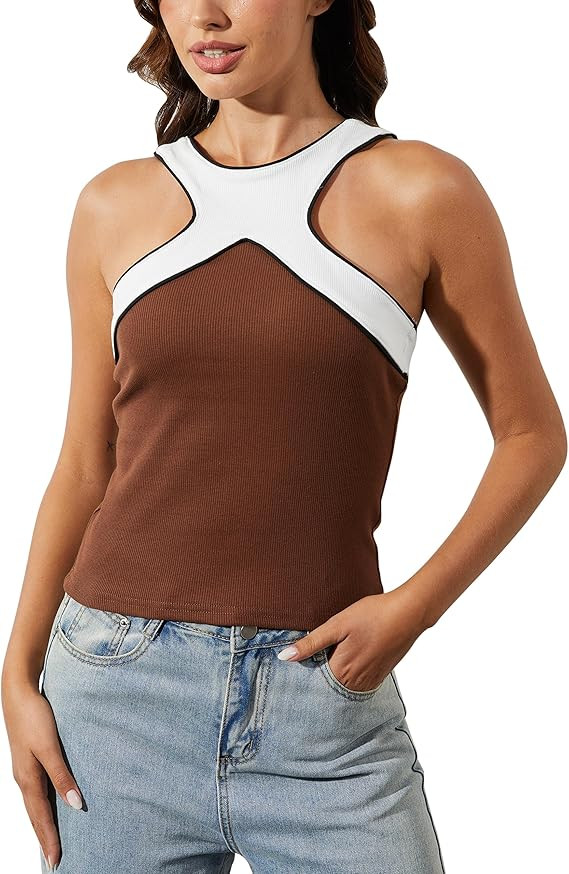 Women Color Block Criss Cross Halter Tank Top Y2k Summer Cute Sleeveless Cut Out Ribbed Crop Tank... | Amazon (US)