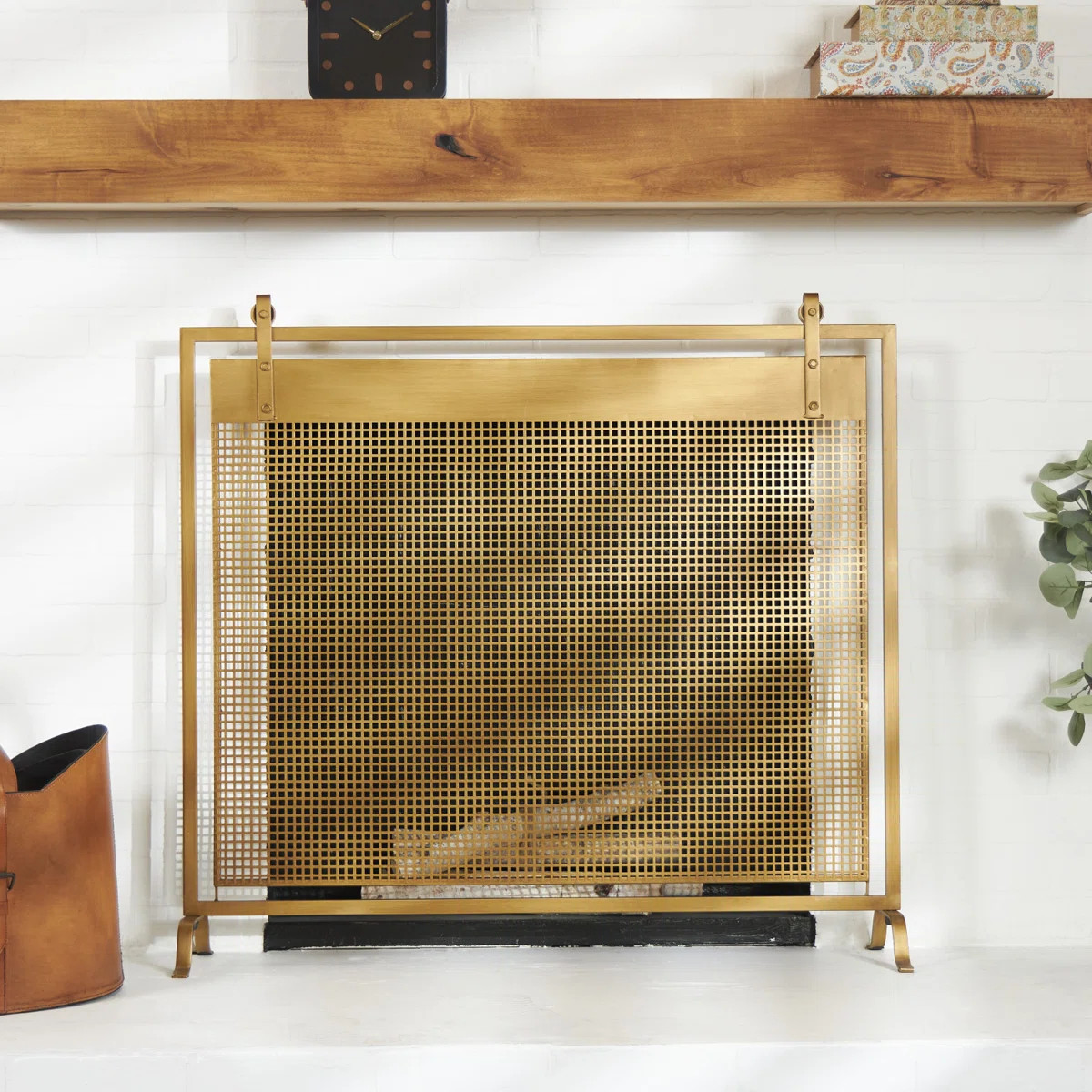 Metal Suspended Grid Single Panel Geometric Fireplace Screen with Bolted Detailing | Wayfair North America
