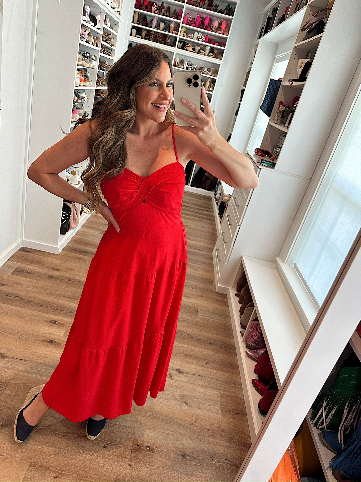 In a medium twist front maxi, tie up espadrille wedges and accessories for patriotic look- fits tts.

#LTKFindsUnder50 #LTKStyleTip #LTKSeasonal