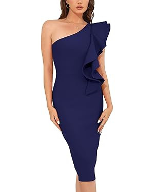 Womens Bodycon Midi Dresses Elegant One Shoulder Ruffle Bandage Wrap Dress Formal Cocktail Weddin... | Amazon (US)